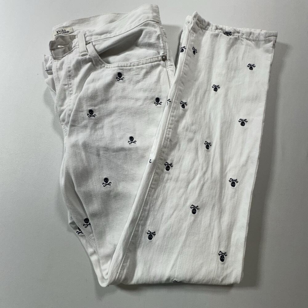 Ralph Lauren Polo Varick Slim Straight White Skull Jeans Embroidered 31x30